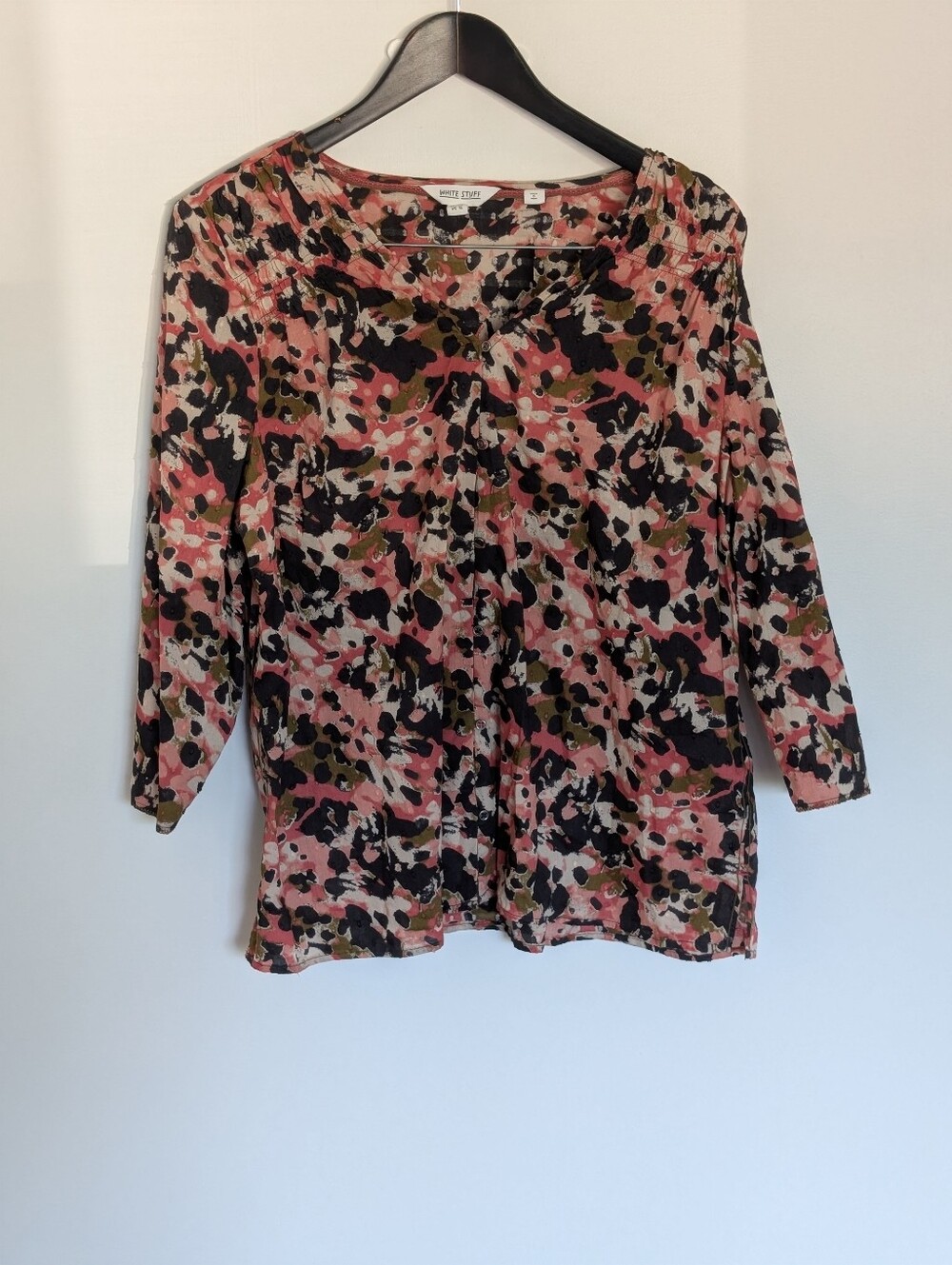 White Stuff 100% Organic Cotton Pink Multi Abstract Print Button Blouse Size 12